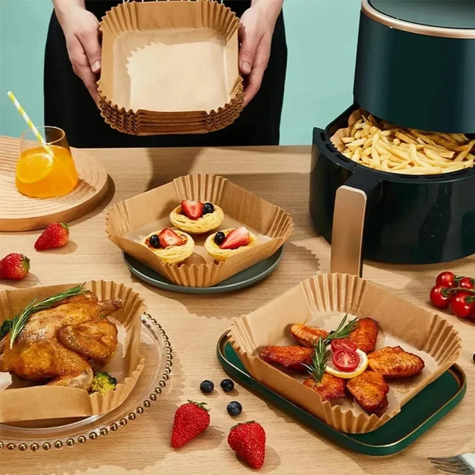 Papier jetable pour friteuse à Air, 50/100/200 pièces, papier spécial rond/carré pour aliments, huile de silicium, doublures de friteuse à Air, papier de cuisson