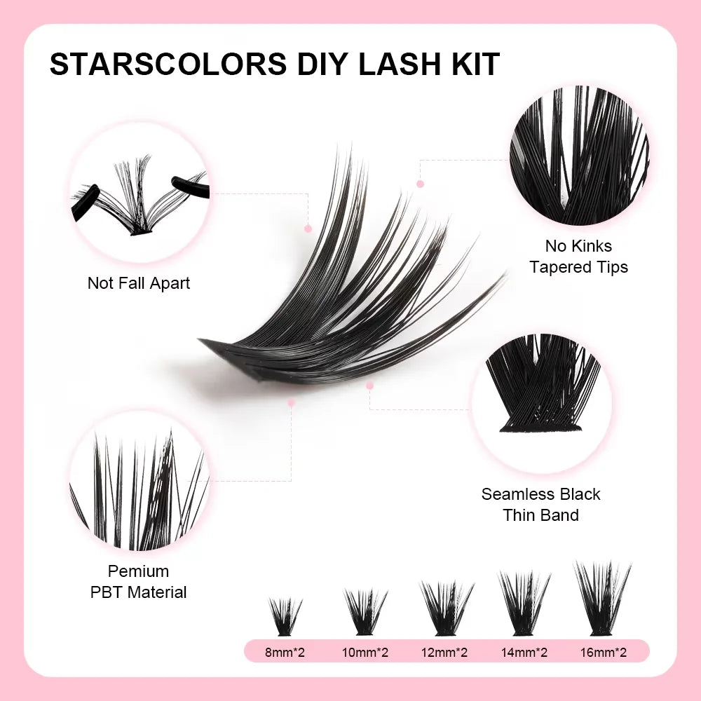 DiY Cluster Lashes Kit 200 Pcs: 8-16mm Mixed, Bond & Seal Glue, Tweezers for Natural Self Application Look