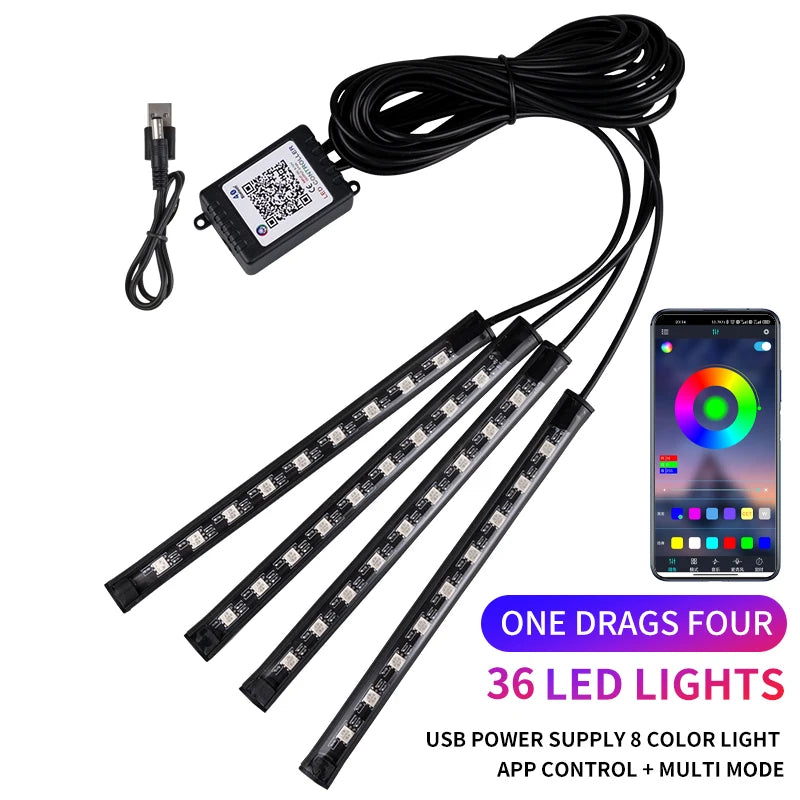 Bande LED néon 48 LED RGB pour éclairage d'ambiance au sol de voiture, avec port USB/prise allume-cigare et télécommande