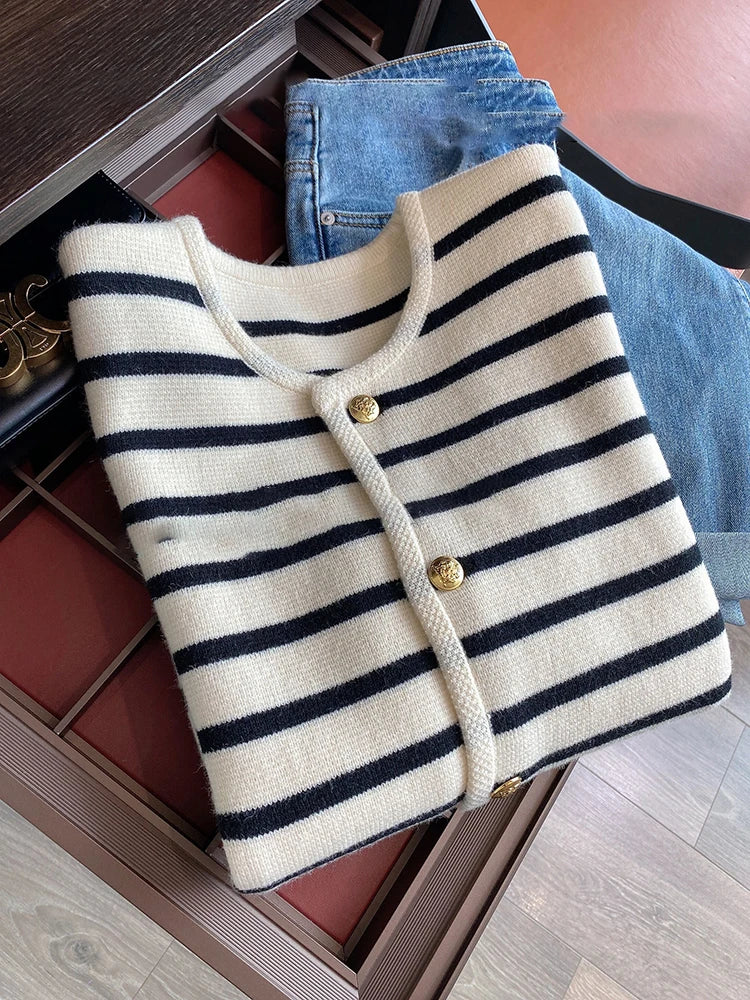 AOSSVIAO – Cardigan tricoté à rayures et col rond pour femme, pull à manches longues, décontracté, court, Style coréen, nouvelle collection printemps-automne 2025