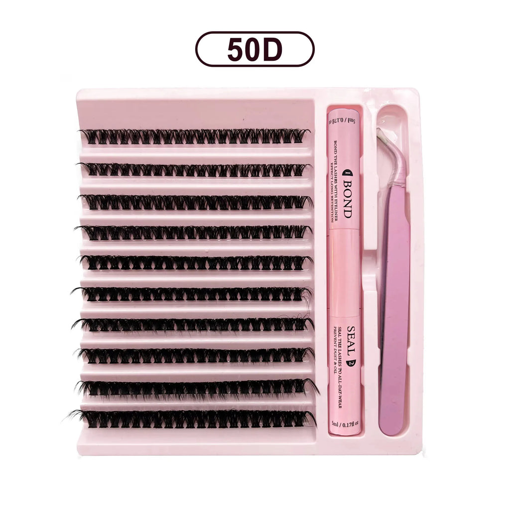 DiY Cluster Lashes Kit 200 Pcs: 8-16mm Mixed, Bond & Seal Glue, Tweezers for Natural Self Application Look