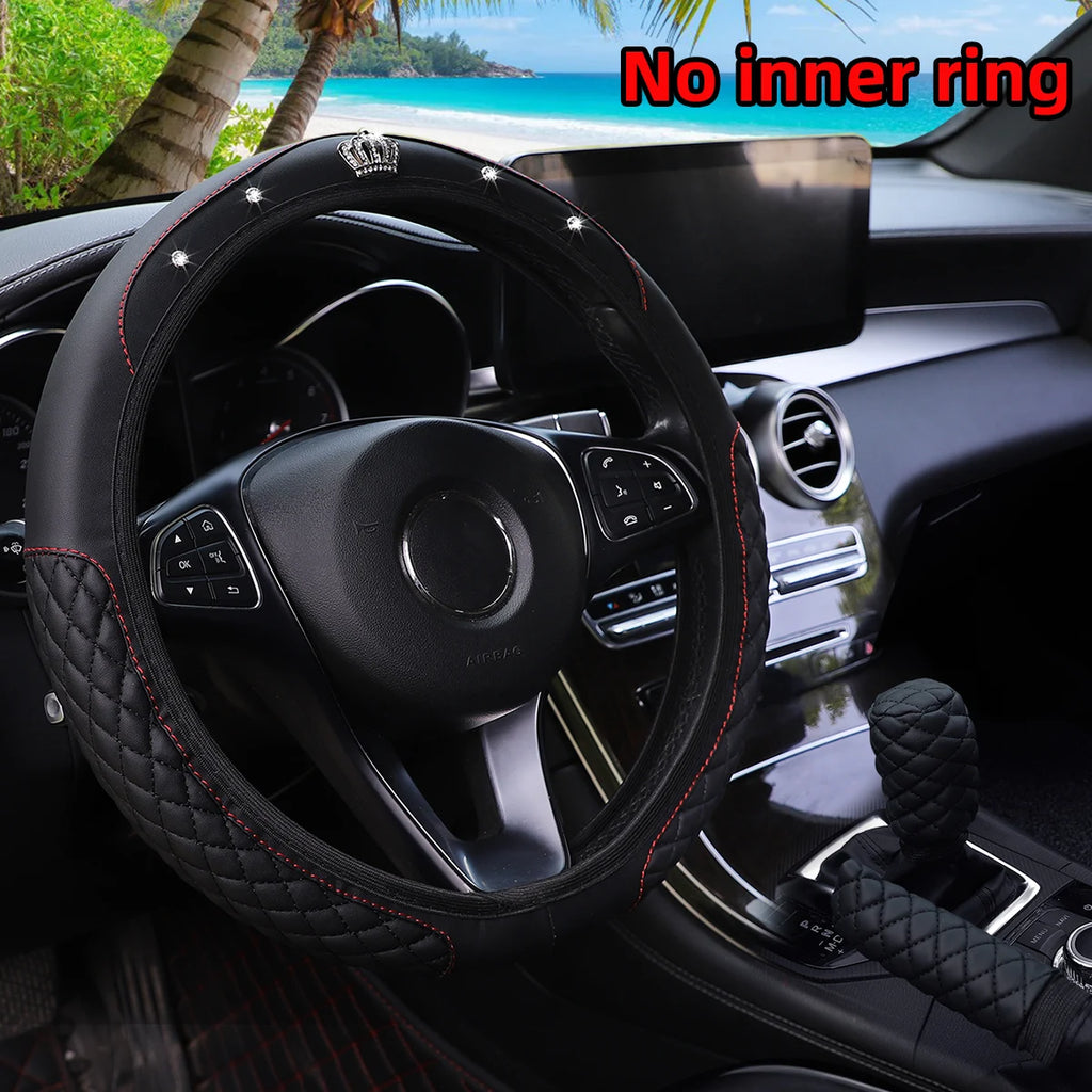 Couronne en cuir PU avec incrustations de diamants pour voiture, sans anneau intérieur, couvercle de volant, couvercle de changement de vitesse, couvercle de frein à main, 3 pièces