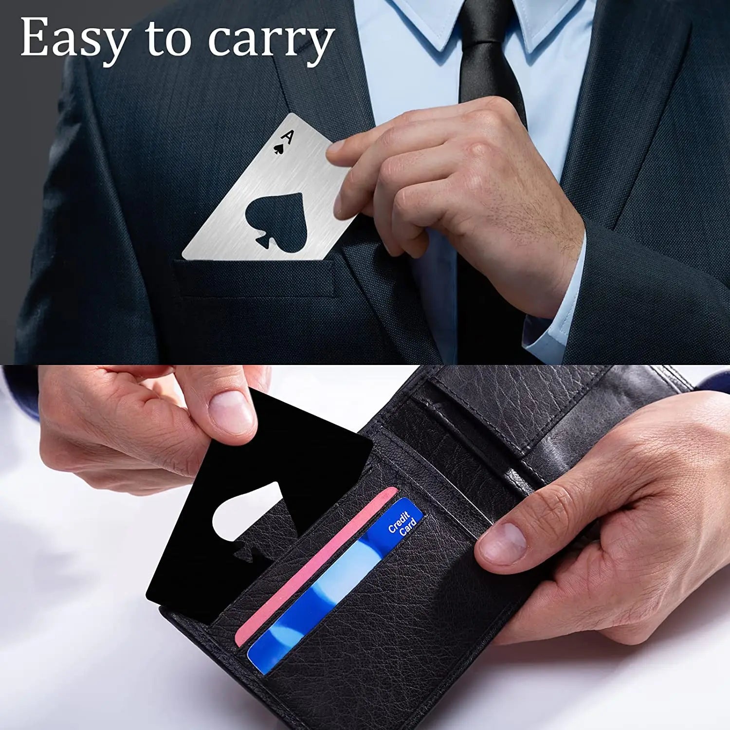 Ouvre-bouteille/boîte créatif en forme de poker, en acier inoxydable, format carte de crédit, idéal pour les bars, restaurants et brasseries. Cadeau idéal.