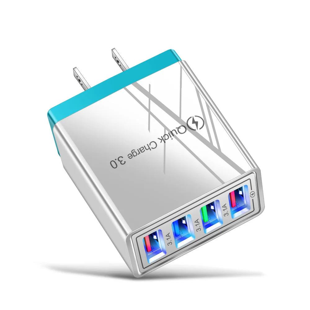 Chargeur secteur 3,1 A (UE/US) avec 4 ports USB pour la maison et les voyages, compatible avec iPhone 12, 13, 14, 15 Pro Max, Samsung, Xiaomi et Huawei
