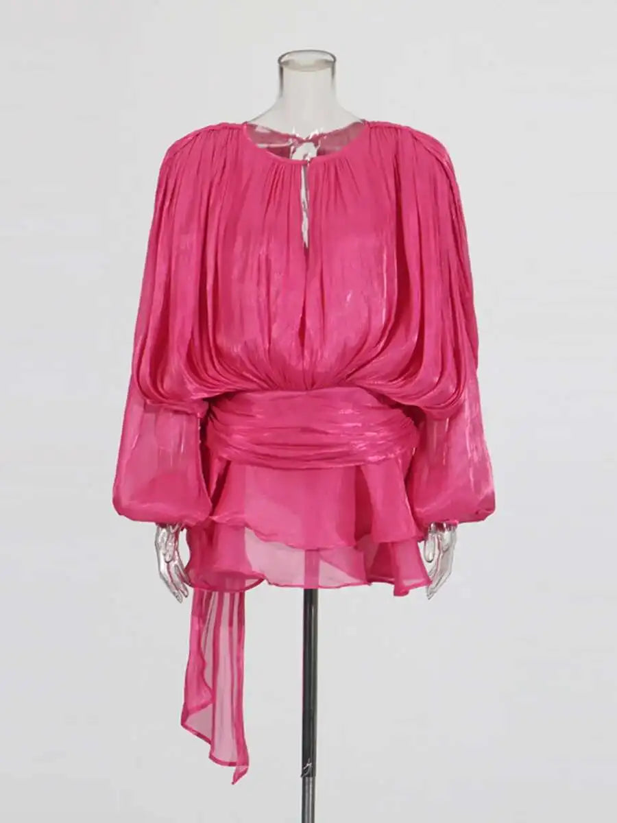 TWOTWINSTYLE – Mini robe chemisier unie pour femmes, col en V, manches longues, à lacets épissés, Style doux, vêtements féminins à la mode