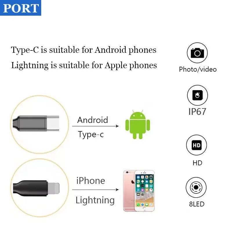 Caméra d'endoscope à câble souple flexible avec sonde de 12 mm et port Type-C, compatible avec PC Xiaomi et système d'imagerie haute qualité HUAWEI