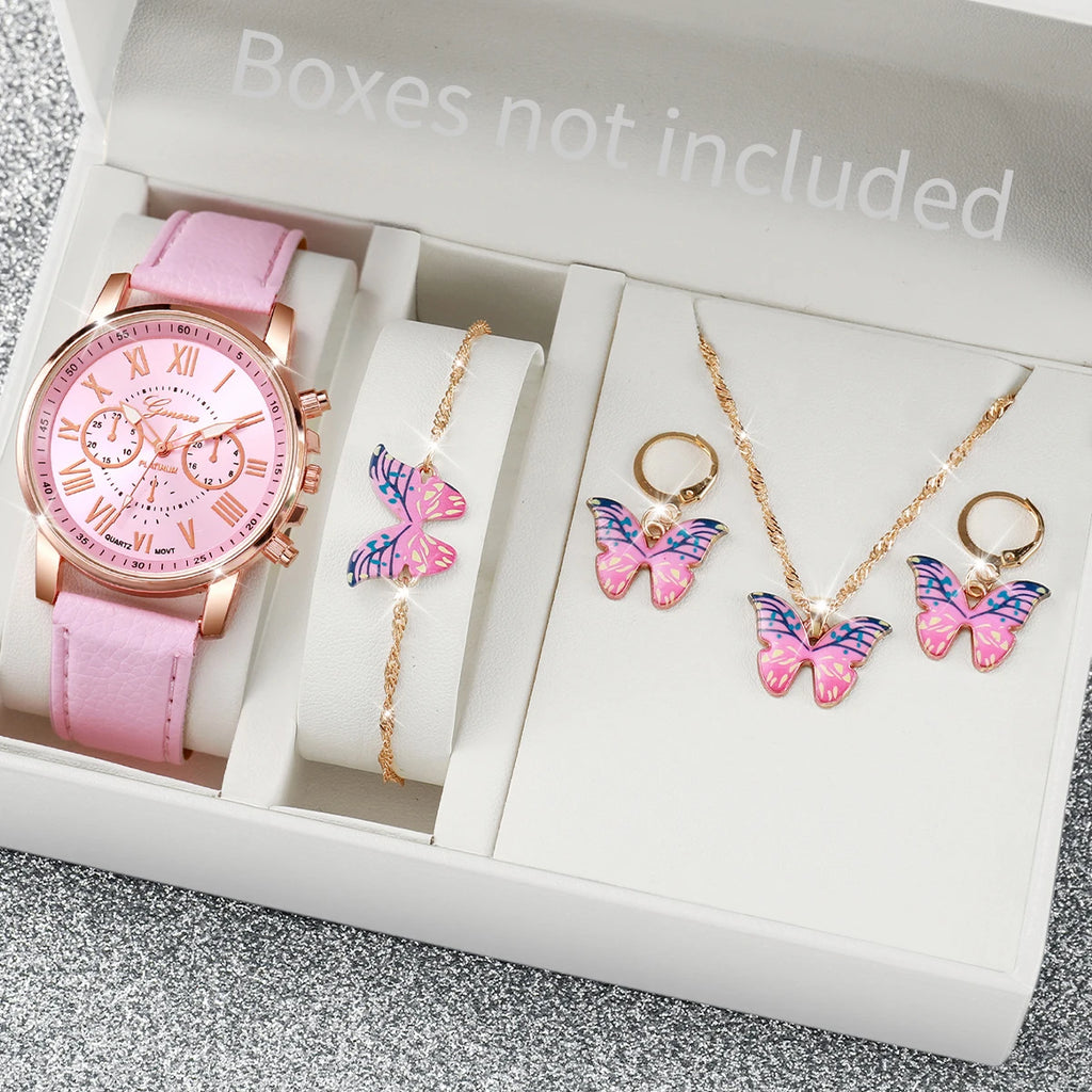 Ensemble de 5 montres pour femmes, style Genève, avec bracelet en cuir décontracté et strass en forme de cœur (sans boîte)