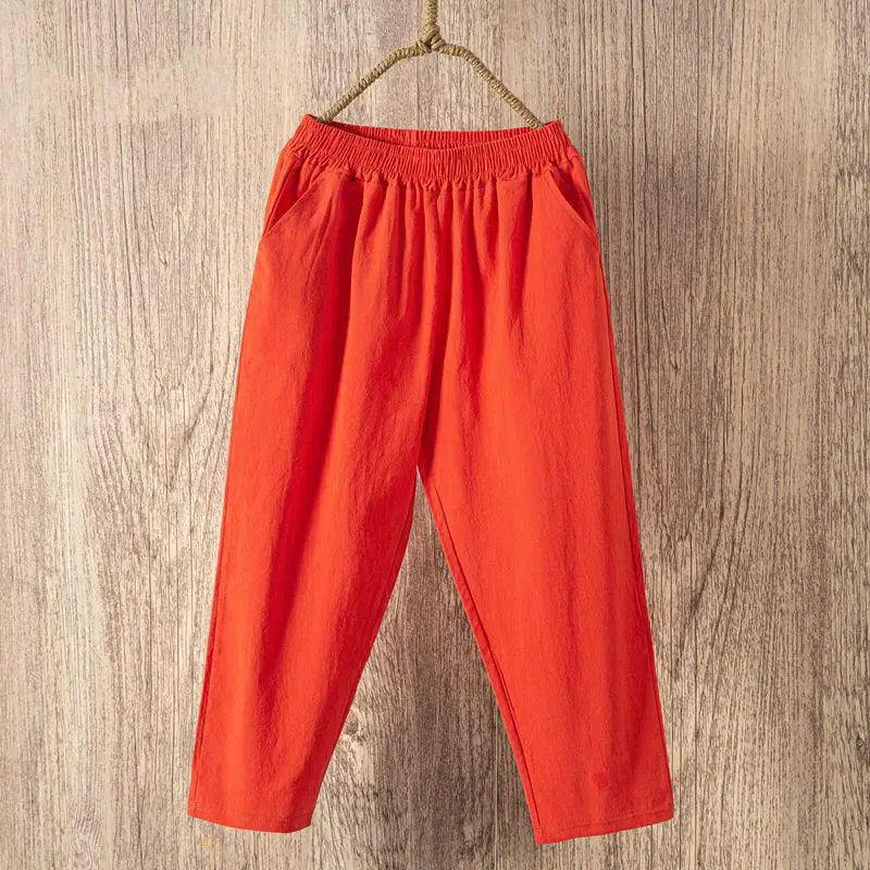 Femmes été décontracté sarouel ample taille élastique coton lin pantalon neuvième pantalon