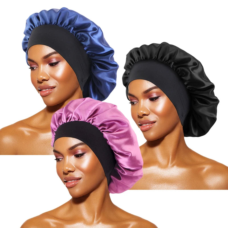Bonnets solides en Satin pour femmes, Bonnet de bain à larges bords pour dormir la nuit, unisexe, bandeau élastique, Bonnet de soins capillaires