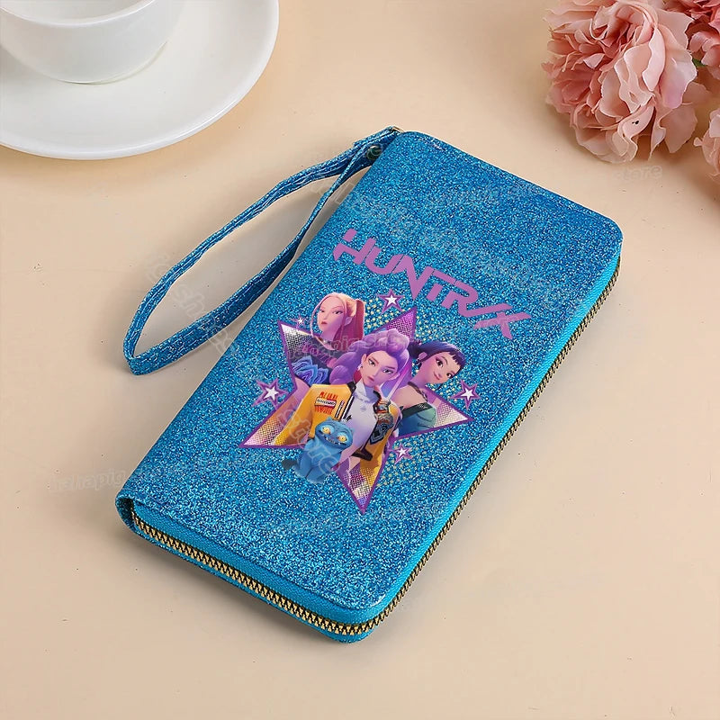Portefeuille long KPop Demon Hunters pour femmes, à paillettes et fermeture éclair, en cuir PU, porte-monnaie, porte-cartes d'identité, pochette pour femme