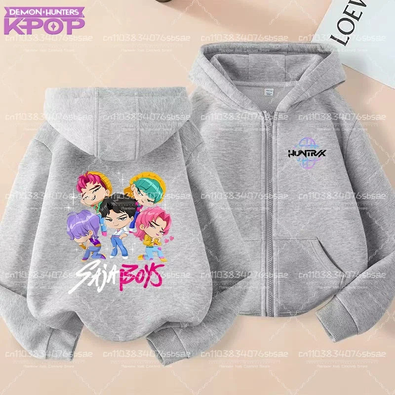 Pull à capuche K-pop Demon Hunters pour enfants, style anime, veste zippée tendance, garçon/fille, printemps/automne