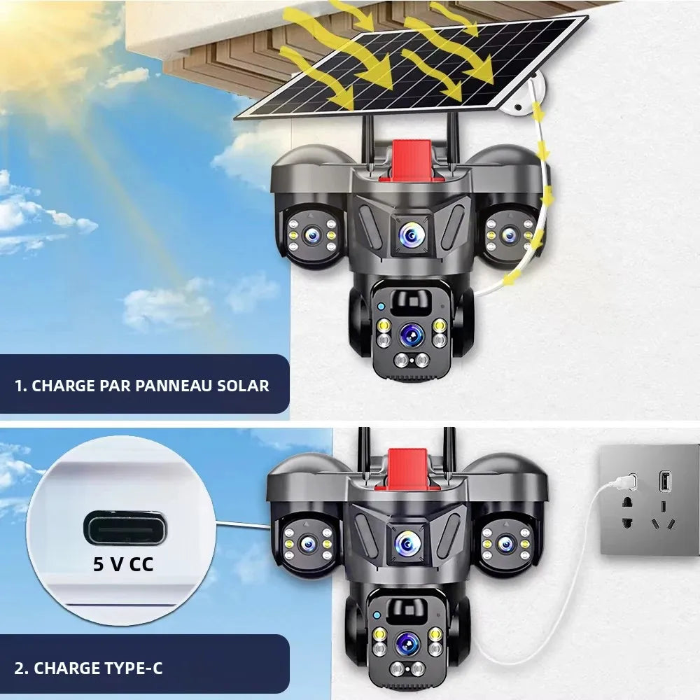 Caméra extérieure PTZ KERUI V380 Pro 6MP WIFI 4G avec panneau solaire, caméra de sécurité domestique à triple objectif, vidéosurveillance CCTV
