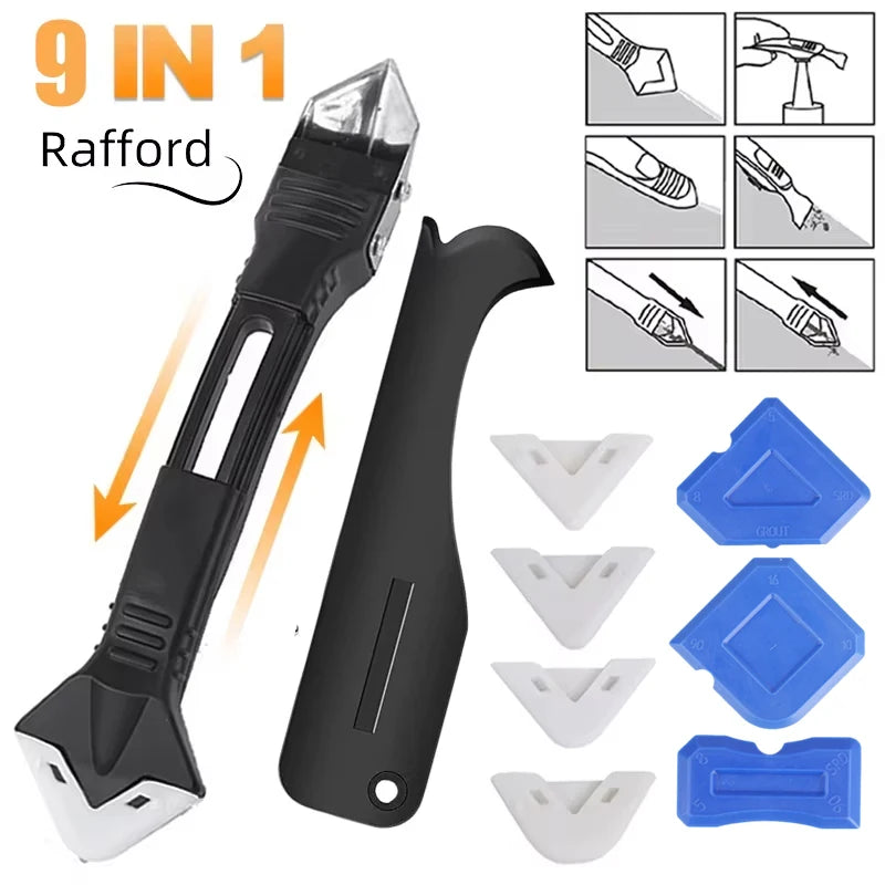 Kit d'outils de colle pour pelle à tête métallique 5 en 1 : spatule en silicone, dissolvant de calfeutrage, retrait de coulis, finition de mastic et déchets de coin