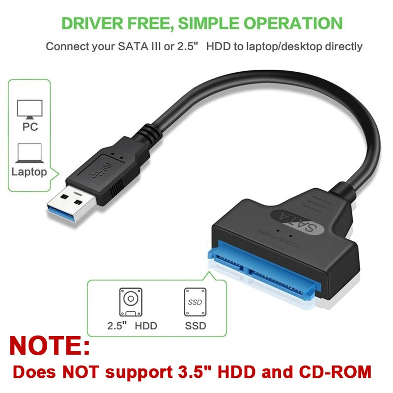 Câble SATA vers USB 3.0/2.0 jusqu'à 6 Gbit/s pour disque dur externe SSD de 2,5 pouces, adaptateur SATA 3 22 broches, cordon USB 3.0 vers Sata III
