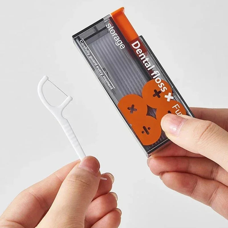 Portable Automatic Floss Dispenser with 10Pcs Press-on Disposable Flossing Sticks Oral Care Ejectable Floss Organizer
