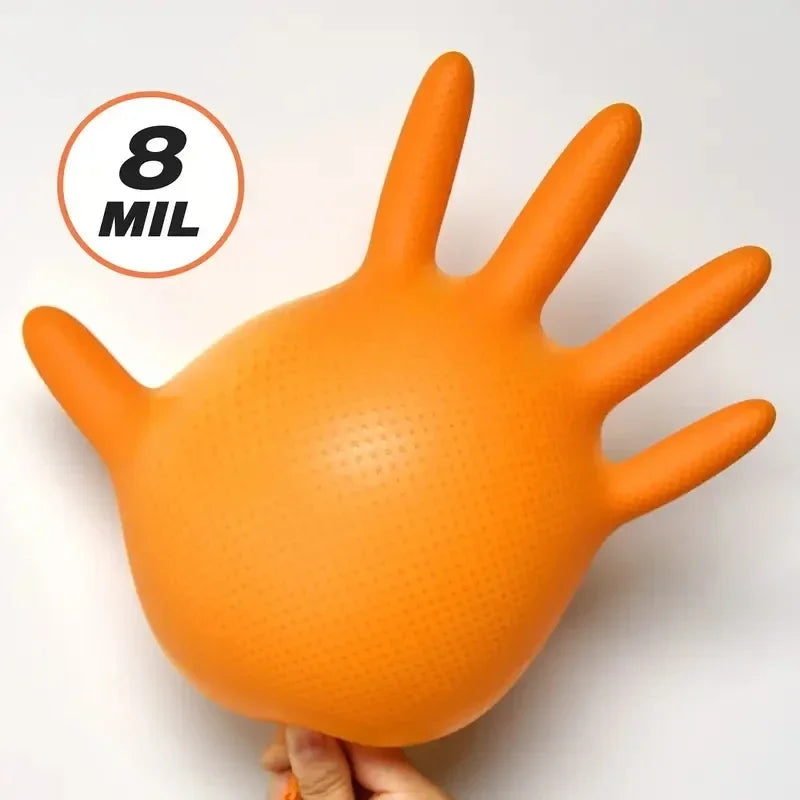 Gants jetables industriels en nitrile orange résistant 8 mil avec grip texturé en losange pour la sécurité des mécaniciens et le travail