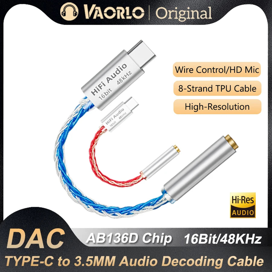 VAOLRO AB136D USB type-c à 3.5mm amplificateur de casque 16Bit/48KHz câble de décodeur Audio HiFi IEM AMP adaptateur de téléphone portable puce DAC