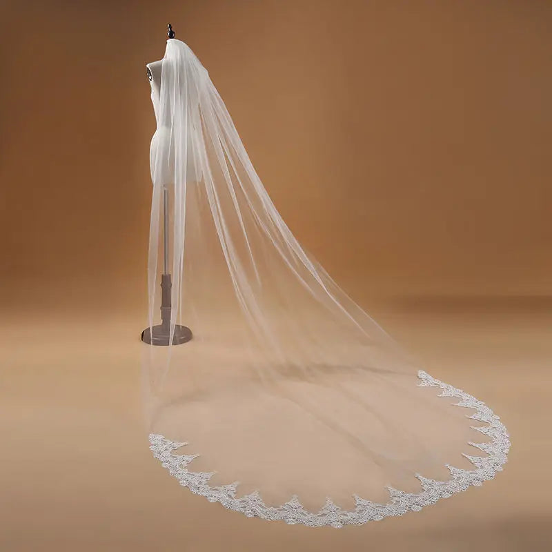 Voile de mariée 3M une couche bordée de dentelle blanc ivoire style cathédrale, long voile de mariée, accessoires de mariage pas chers