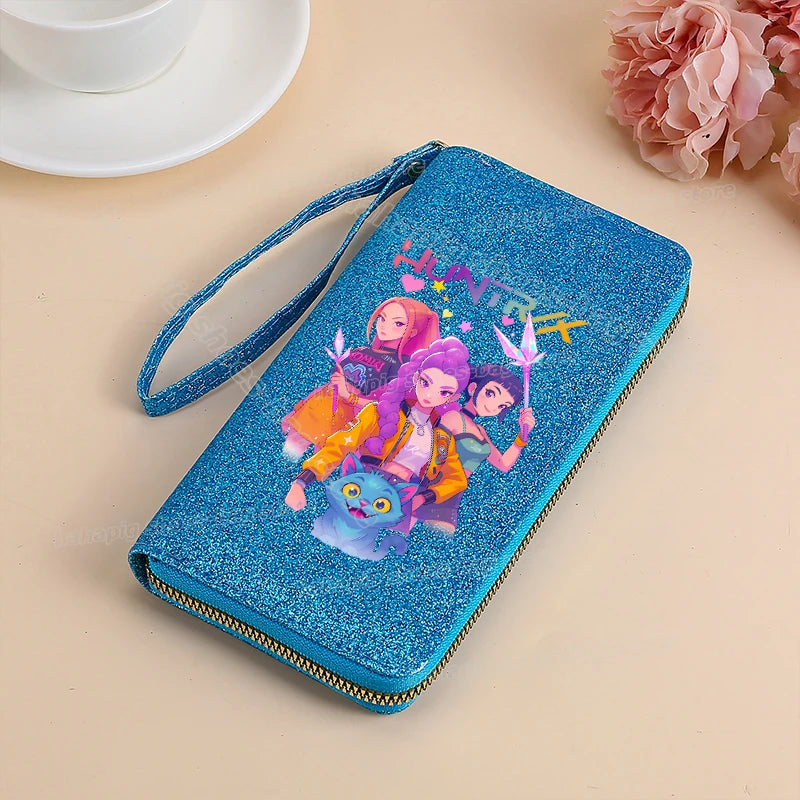 Portefeuille long KPop Demon Hunters pour femmes, à paillettes et fermeture éclair, en cuir PU, porte-monnaie, porte-cartes d'identité, pochette pour femme