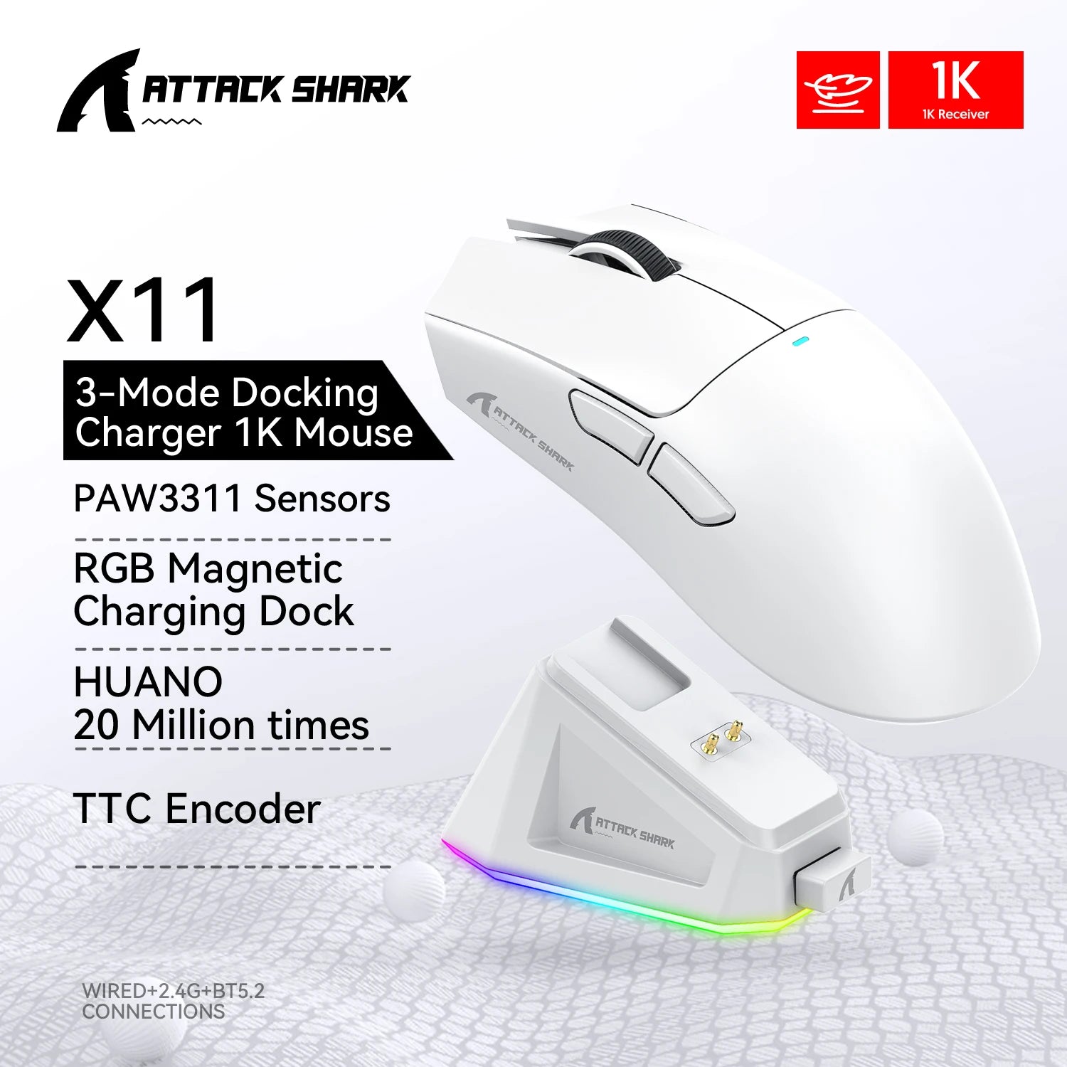 Attack Shark X11 Bluetooth Wireless Mouse Three Mode 2.4G PAW3311  RGB  PC Magnetic charging dock ,Gaming E-sports Mouse