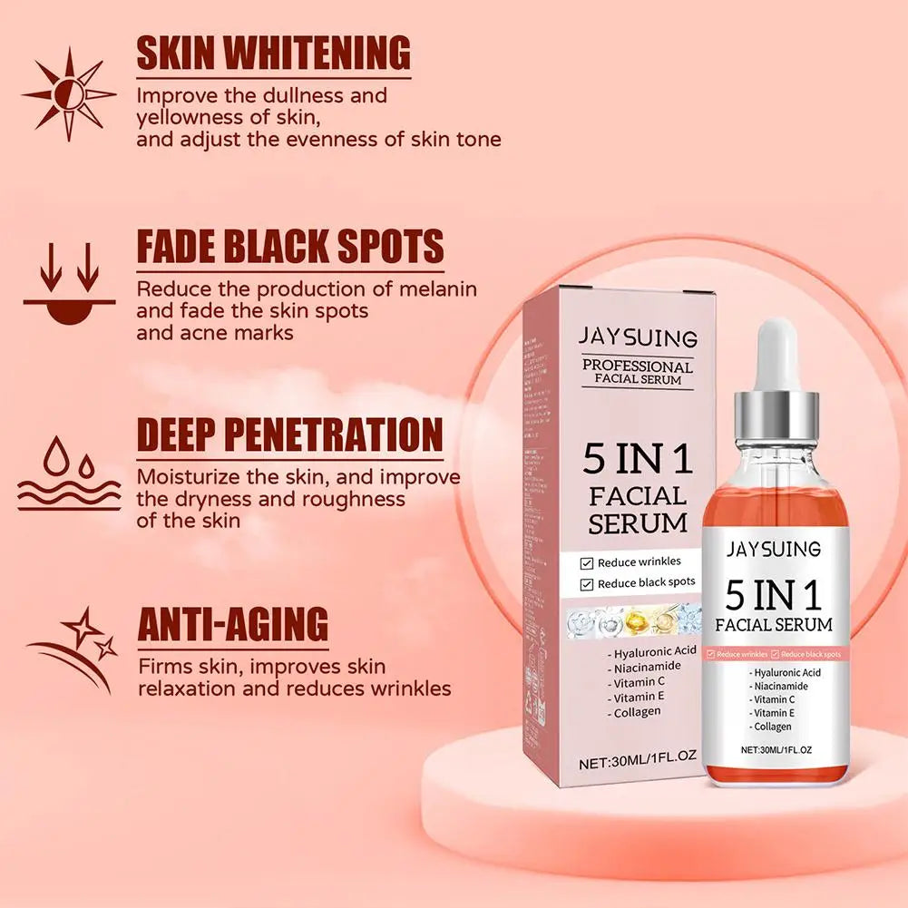 Sérum visage 5 en 1 : Atténue les ridules, raffermit, hydrate et illumine le teint, enrichi en vitamine C et en acide hyaluronique, resserre les pores. Soin de la peau