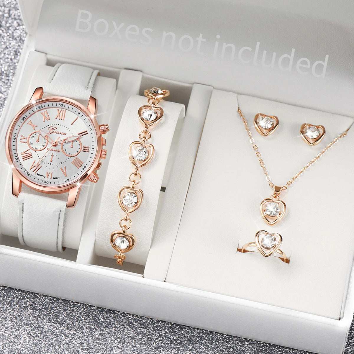 Ensemble de 5 montres pour femmes, style Genève, avec bracelet en cuir décontracté et strass en forme de cœur (sans boîte)