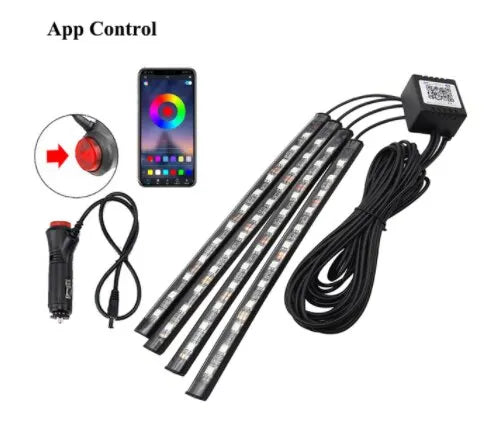 Bande LED néon 48 LED RGB pour éclairage d'ambiance au sol de voiture, avec port USB/prise allume-cigare et télécommande
