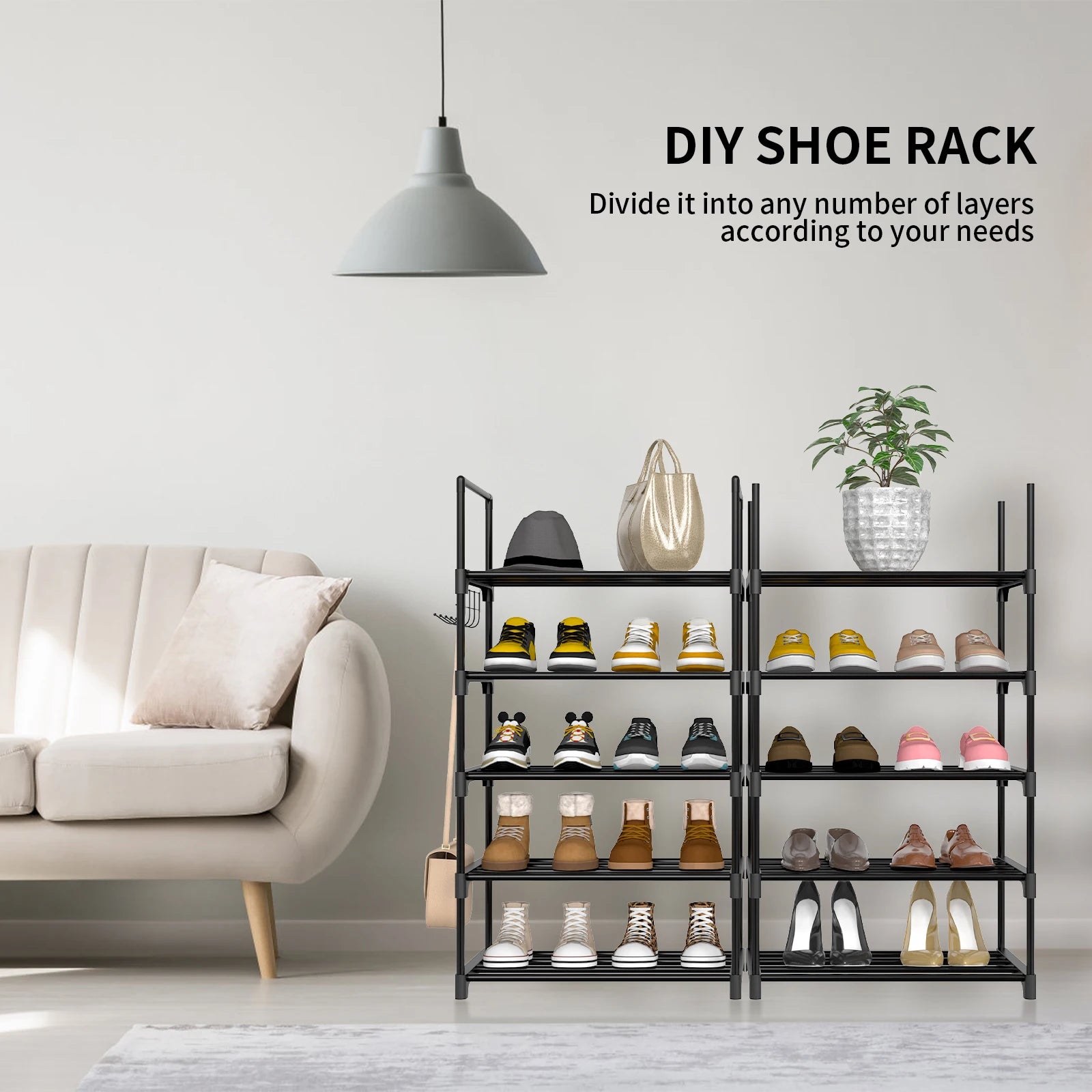 Étagère à chaussures EFAN, rangement à chaussures en métal à 10 niveaux, design personnalisable, structure métallique, étagère gain de place, pour chambre ou couloir.