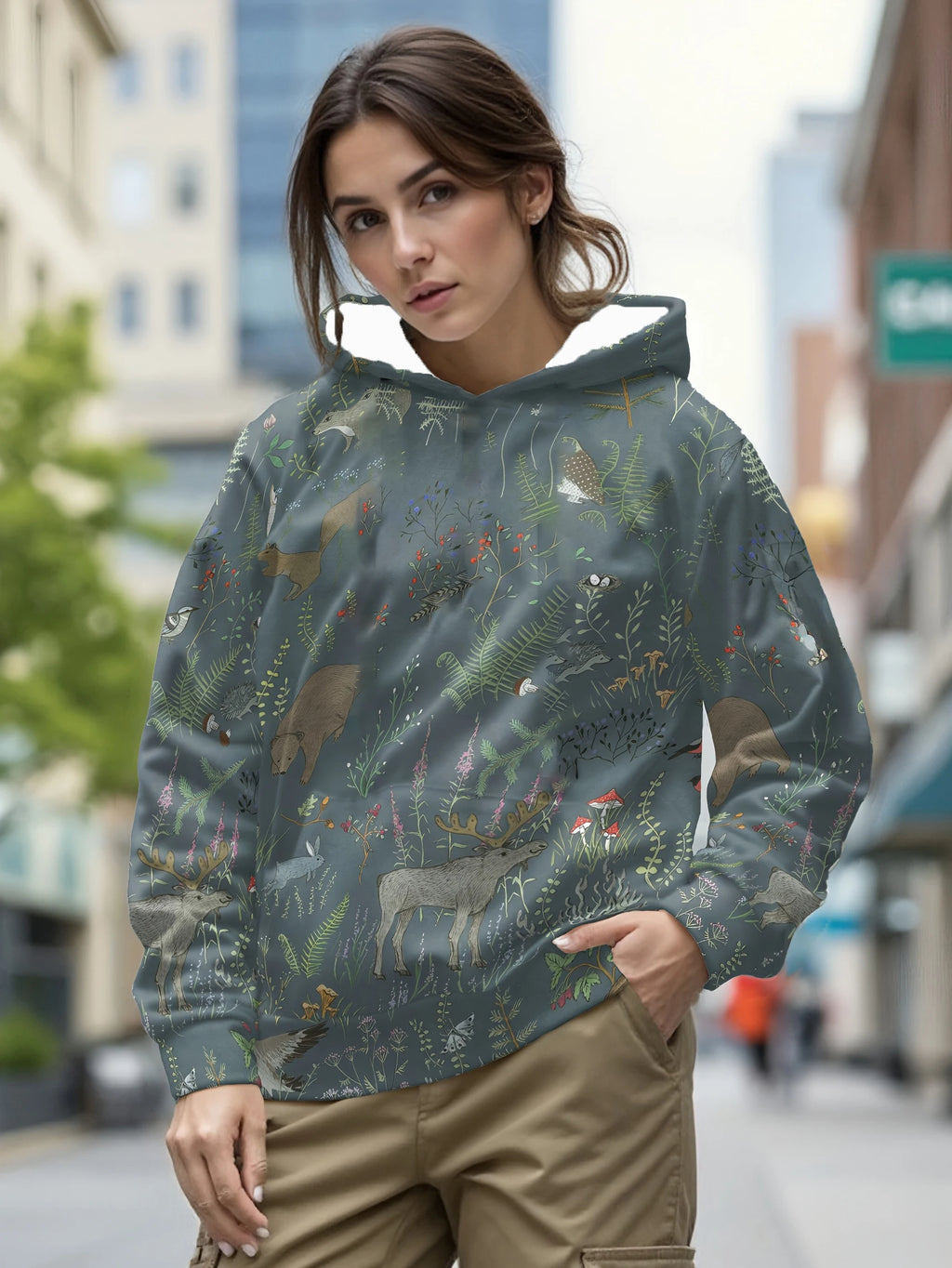 Sweat à capuche pour homme avec imprimé scène naturelle de forêt, motif animal et végétal, manches longues, haut décontracté à la mode pour le quotidien