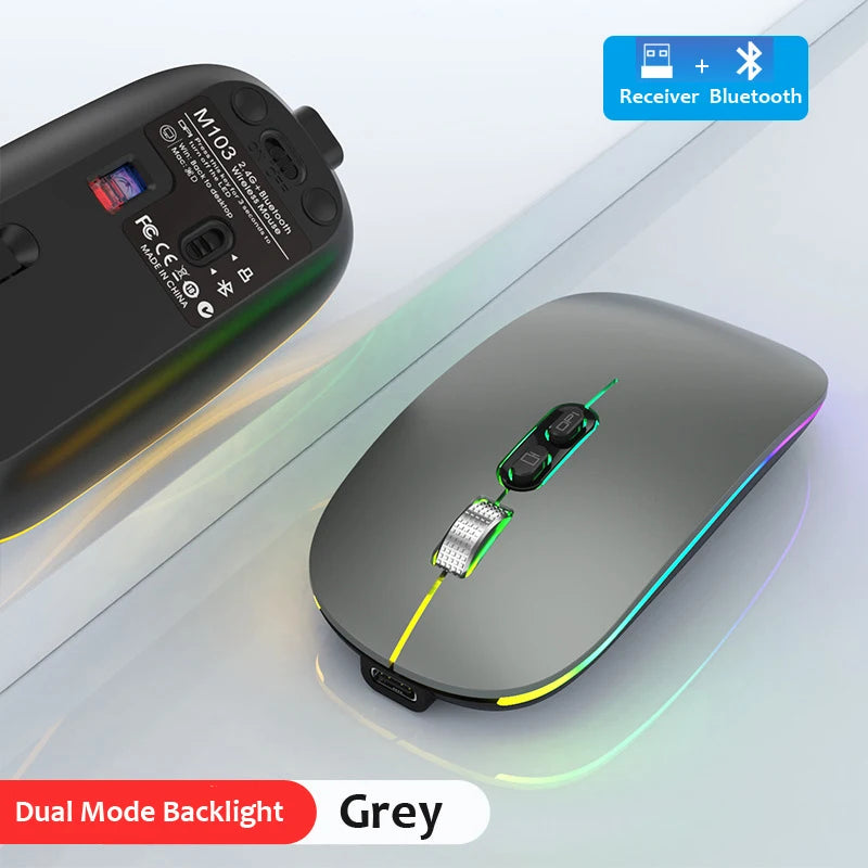 Souris sans fil Bluetooth 2,4 GHz double mode, fonction bureau en un clic, rechargeable USB-C, silencieuse et rétroéclairée, pour ordinateur portable et PC (nouvelle version)