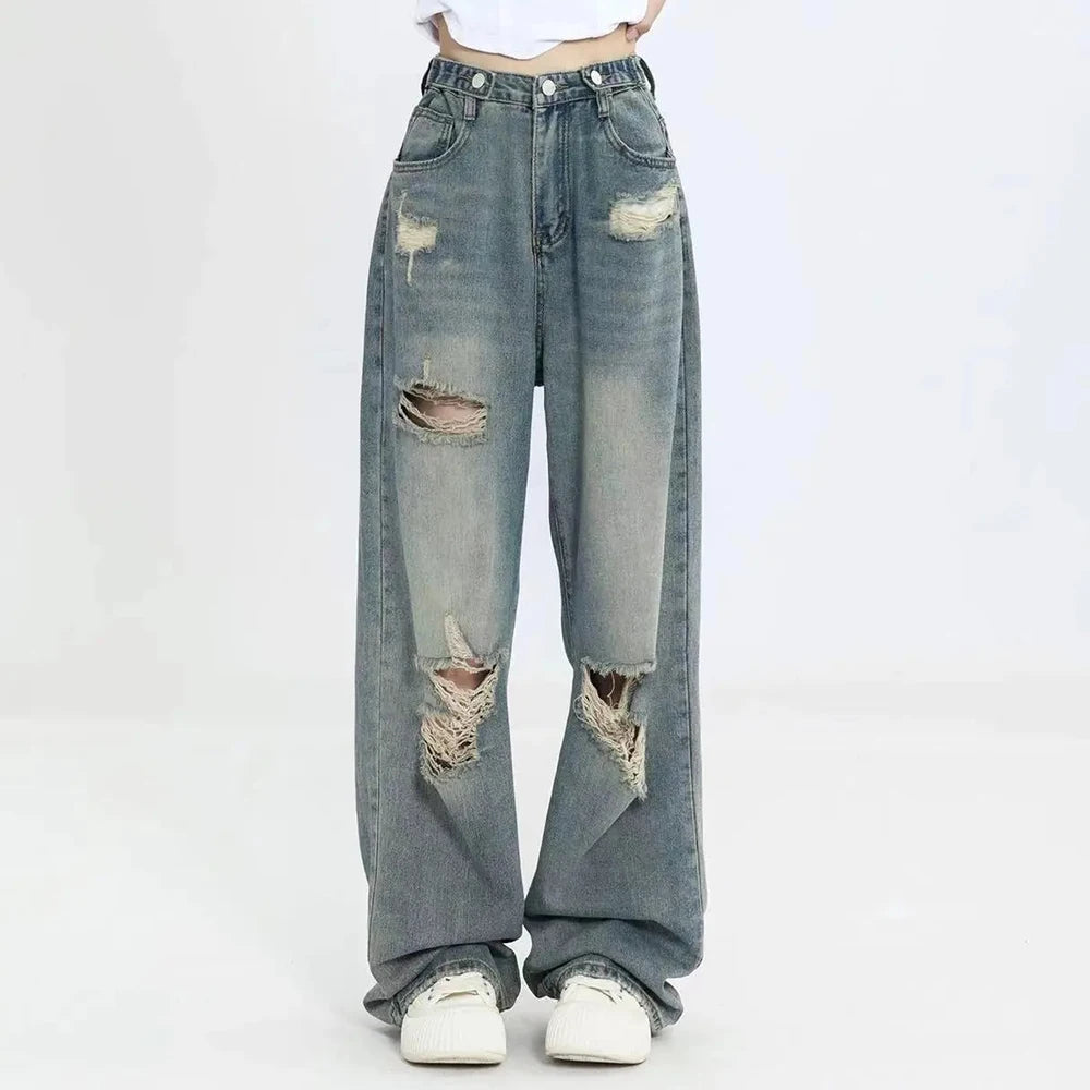 Jean rétro américain perforé pour femmes, taille haute, entrejambe droit, ample, Slim, Design, ambiance de rue, jambes larges, pantalon traînant