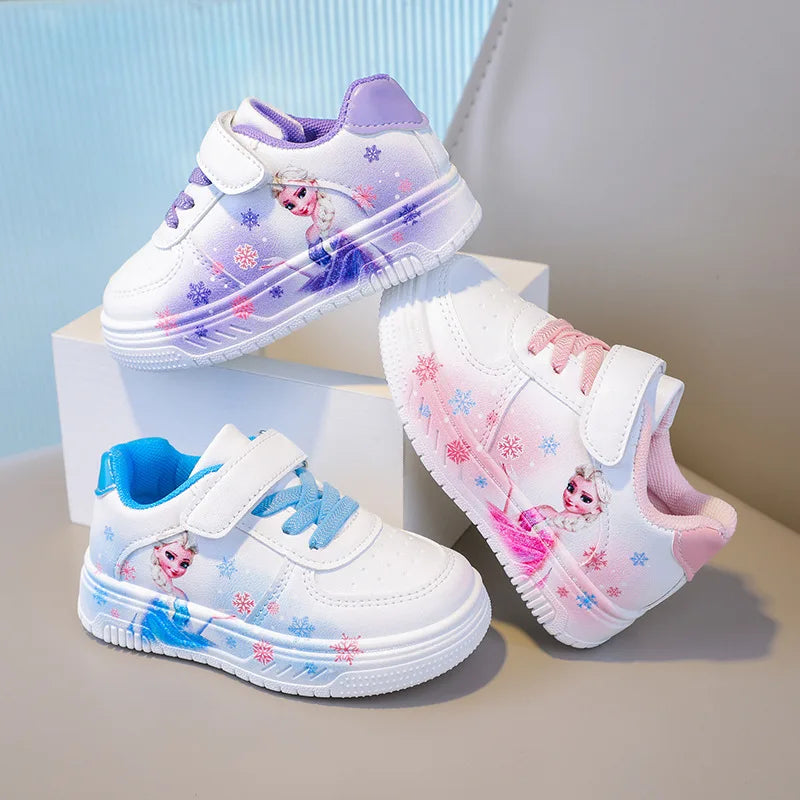 Chaussures blanches Disney pour filles, en cuir PU, motif princesse Elsa de La Reine des Neiges, chaussures de sport plates imperméables pour bébé fille, pointure