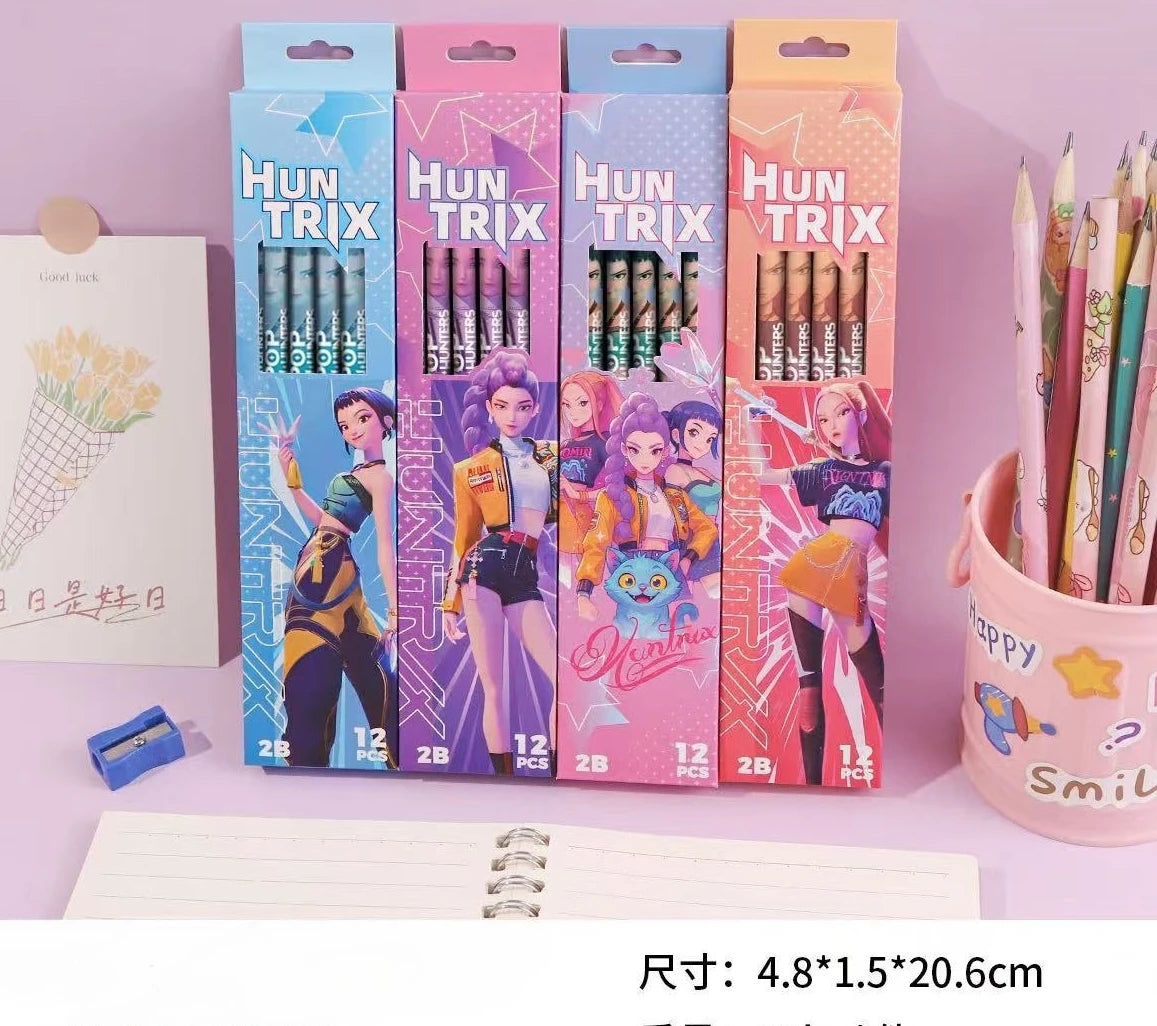 Lot de 12 crayons à dessin Kpop Demon Hunters Huntrix 2B en graphite de bois, pour une écriture fluide, idéaux pour l'école, le bureau et le dessin