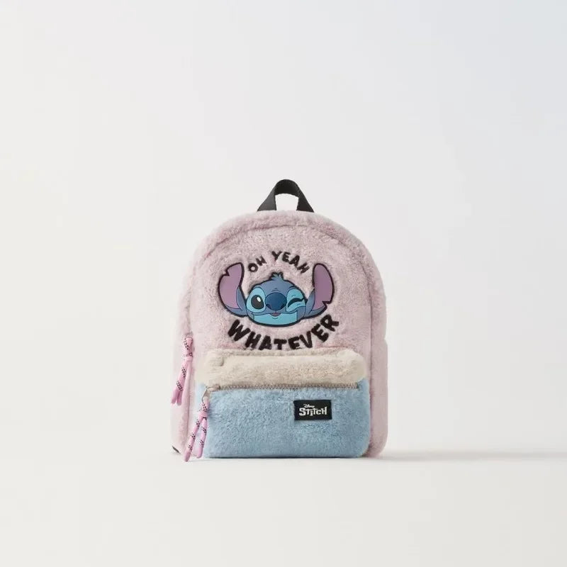 Sac à dos en cuir véritable pour enfants, peluche Disney Stitch, rose, grandes oreilles, tête d'alien, bloc de couleur