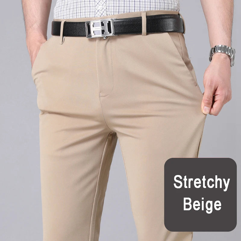 Pantalon homme stretch noir uni, coupe droite, style coréen, séchage rapide, idéal pour le bureau ou le printemps/automne