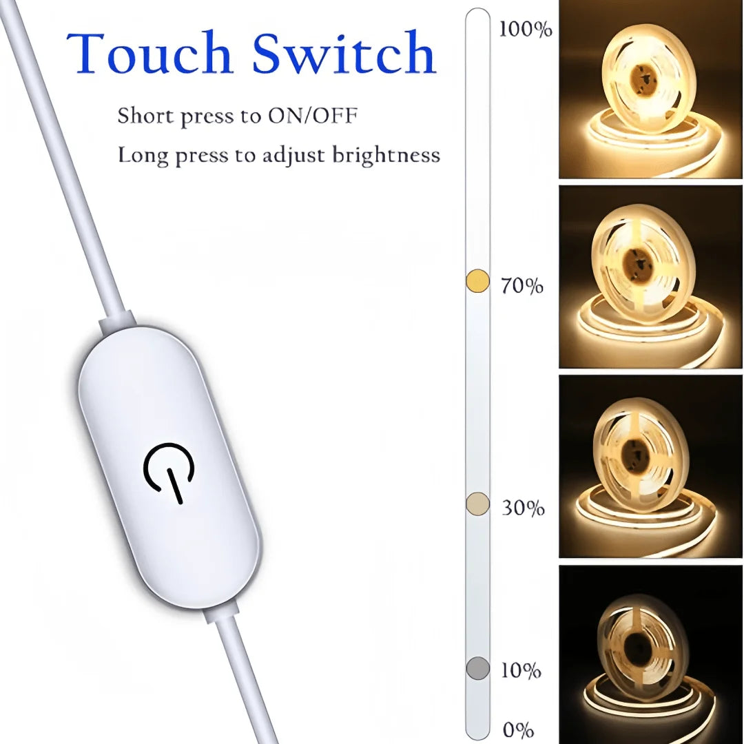 Bande lumineuse LED COB, variateur tactile, bande de Diode Flexible, USB 5V, éclairage intérieur linéaire, lampe de salle, bricolage, miroir TV, rétro-éclairage, décoration murale