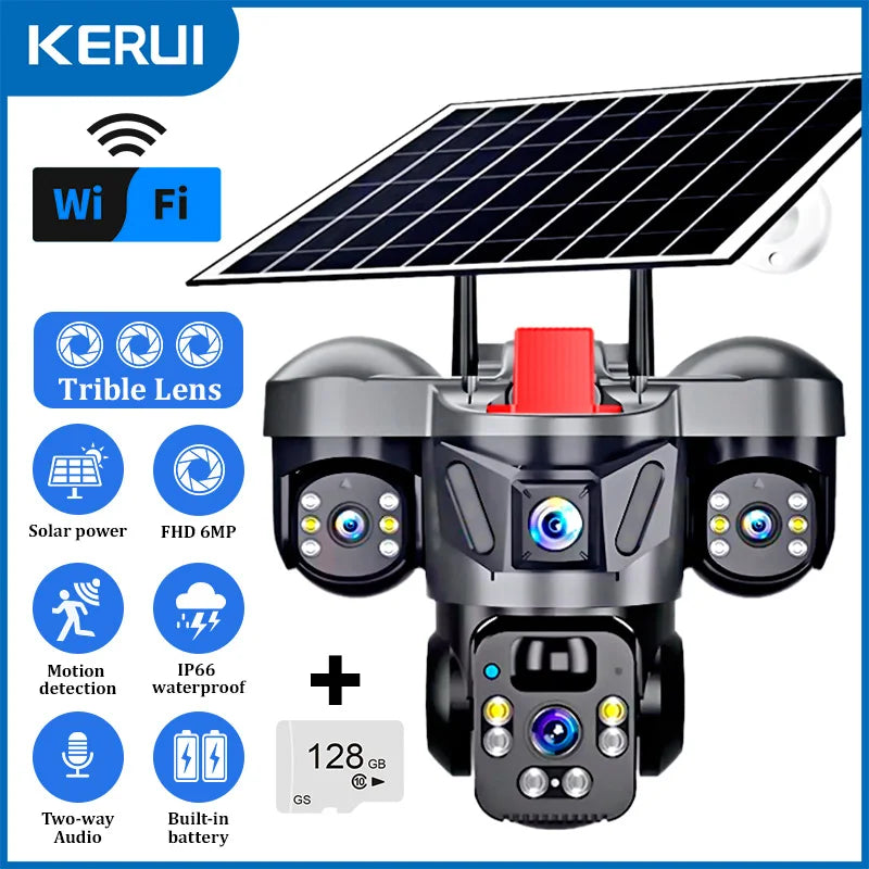 Caméra extérieure PTZ KERUI V380 Pro 6MP WIFI 4G avec panneau solaire, caméra de sécurité domestique à triple objectif, vidéosurveillance CCTV