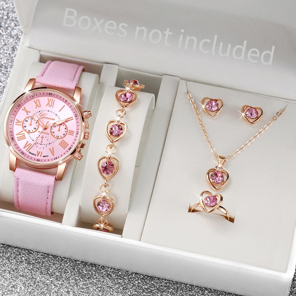 Ensemble de 5 montres pour femmes, style Genève, avec bracelet en cuir décontracté et strass en forme de cœur (sans boîte)