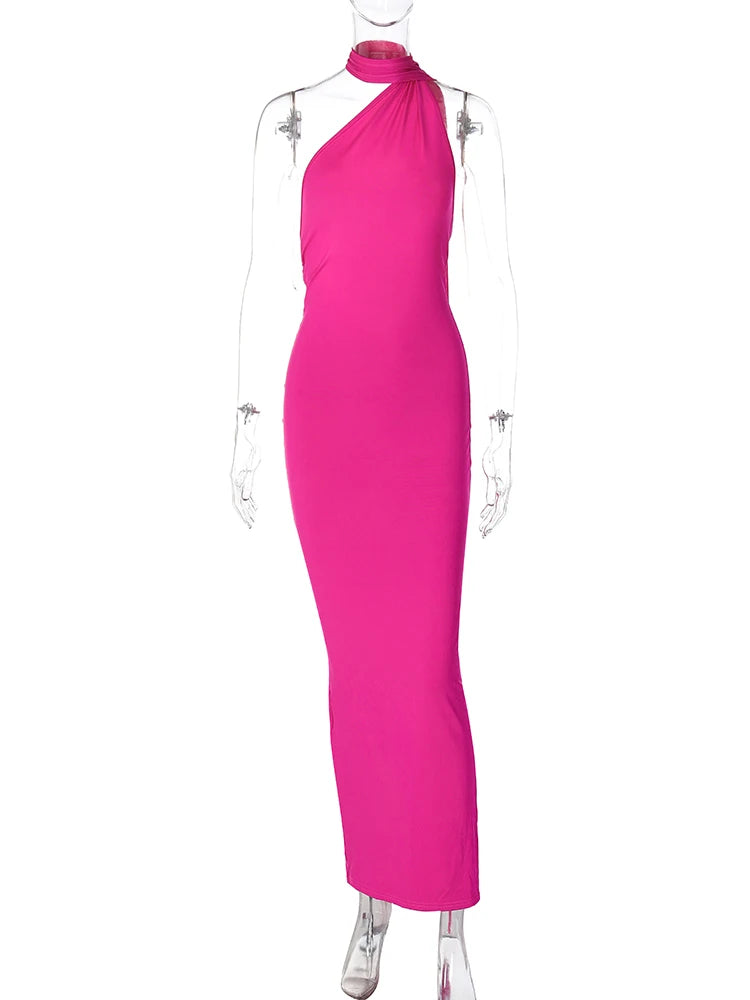 Robe maxi sexy Hugcitar asymétrique dos nu à bretelles, avec boucle d'écharpe ajustable et fronces. Tenue élégante style streetwear Y2K pour festival