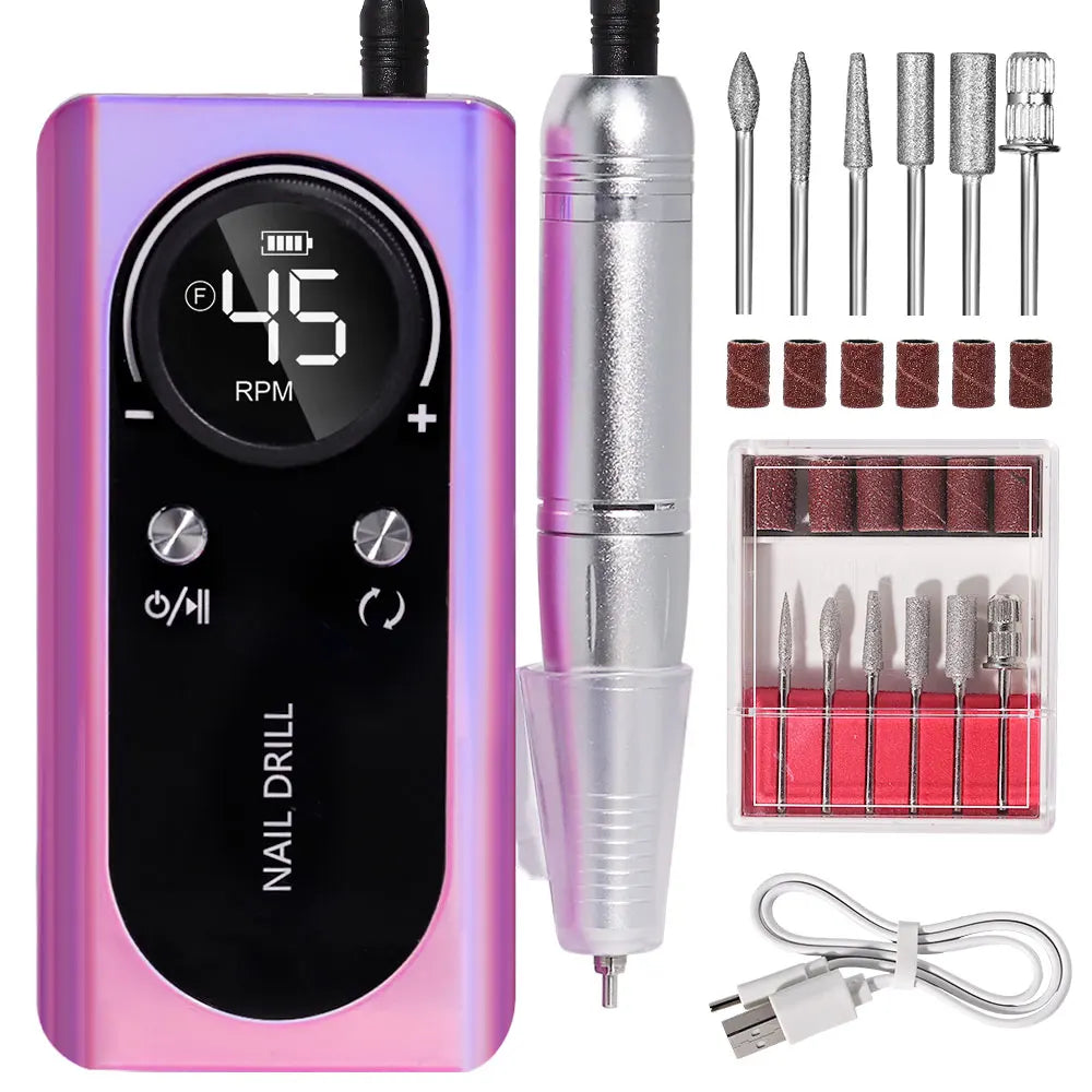 Ponceuse à ongles rechargeable 45 000 tr/min avec écran LCD, faible niveau sonore, ponceuse à ongles professionnelle et kit d'accessoires pour ongles