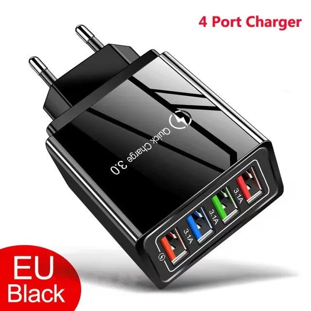 Chargeur secteur 3,1 A (UE/US) avec 4 ports USB pour la maison et les voyages, compatible avec iPhone 12, 13, 14, 15 Pro Max, Samsung, Xiaomi et Huawei