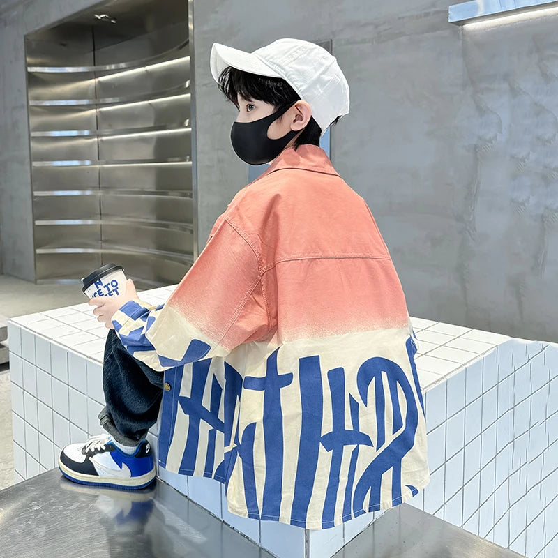 Chemise en jean dégradée à manches longues pour garçon, manches longues, avec inscription, bleu et orange, style décontracté, vêtements pour enfants