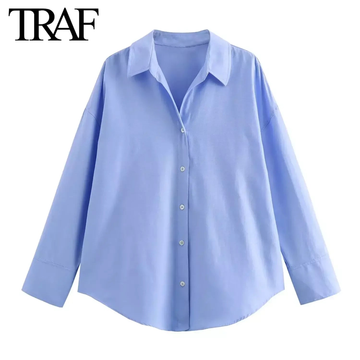 TRAF femmes mode printemps coton Oxford à manches longues simple boutonnage revers Blouse vêtements de rue chemise Chic dames hauts Mujer