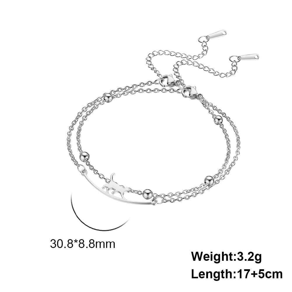 Bracelet Lucktune Chat Mignon en Acier Inoxydable avec Pendentif Animal et Chaîne à Perles - Bijou Tendance Kpop pour Femmes et Hommes - Cadeau Couple