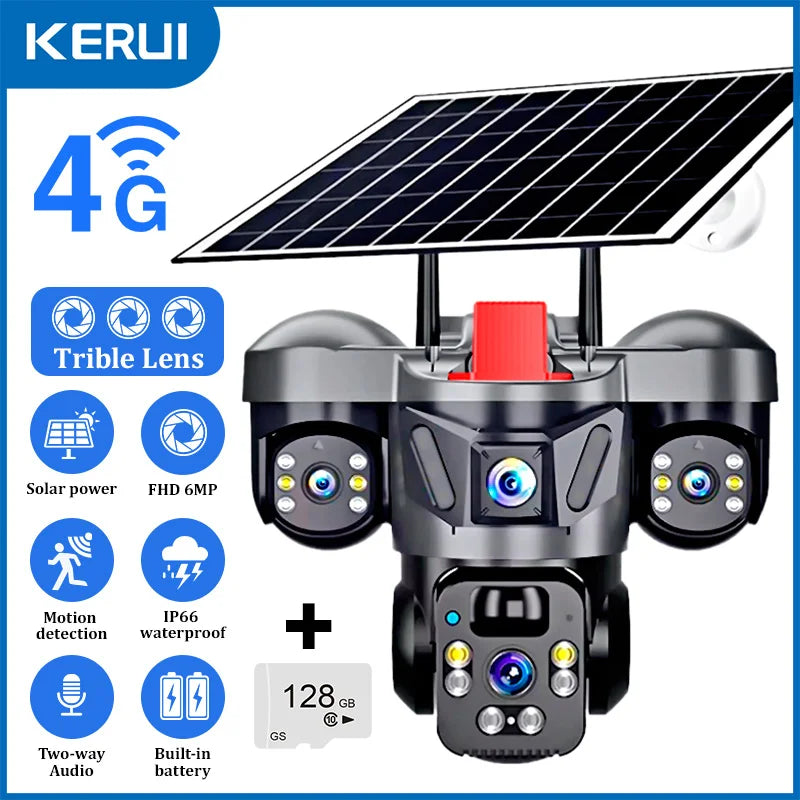 Caméra extérieure PTZ KERUI V380 Pro 6MP WIFI 4G avec panneau solaire, caméra de sécurité domestique à triple objectif, vidéosurveillance CCTV