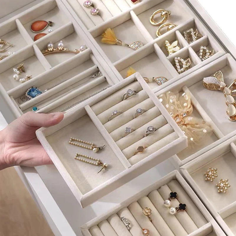 Présentoir à bijoux en velours, porte-bijoux exquis, Portable, bague, boucles d'oreilles, collier, organisateur, boîte de rangement, plateaux organisateurs Beige
