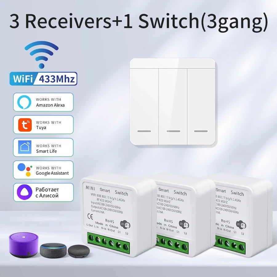 1/2/3Gang Wall Switch RF 433MHz Wireless Light Switch Tuya Smart WiFi Switch Smart Life APP Voice Control With Alexa Google Home