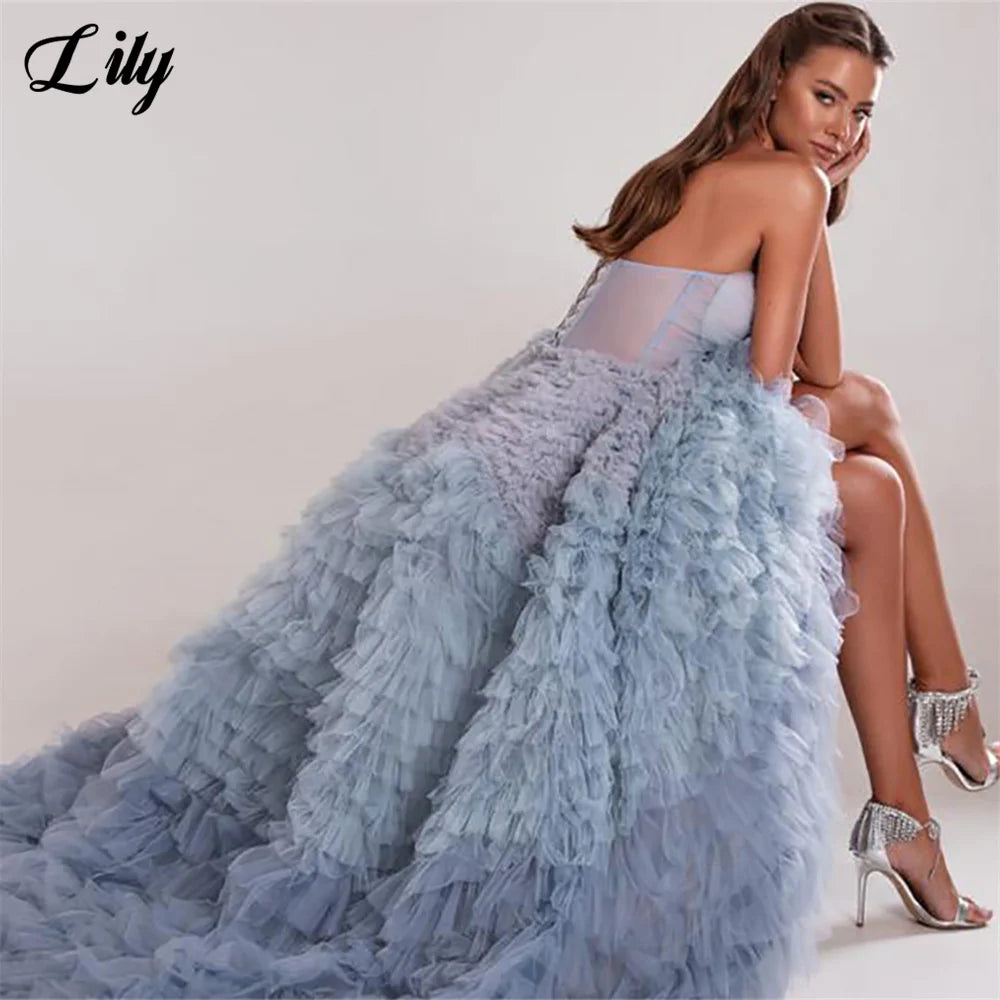 Robes de soirée Lily bleu poudré à décolleté cœur, sans manches, en tulle, charmantes robes de bal à volants pour femme, sur mesure