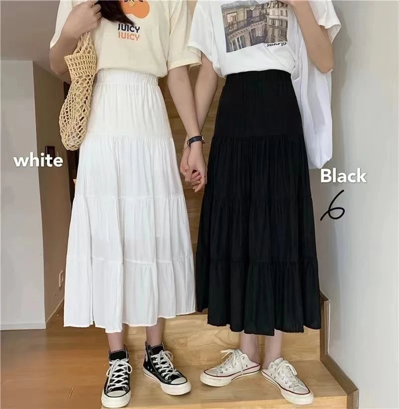 Printemps été femmes jupes Vintage taille haute élastique Patchwork blanc noir Chic longue gâteau jupe trapèze