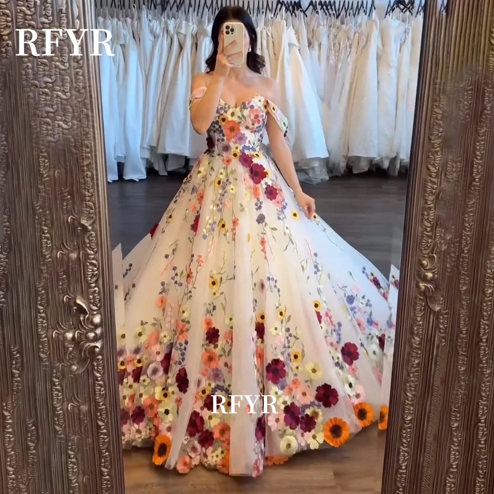 Robe de soirée RFYR coupe trapèze, imprimé floral, robes de bal 2026, robes de soirée épaules dénudées, robes de gala bustier cœur, robes de fête personnalisées